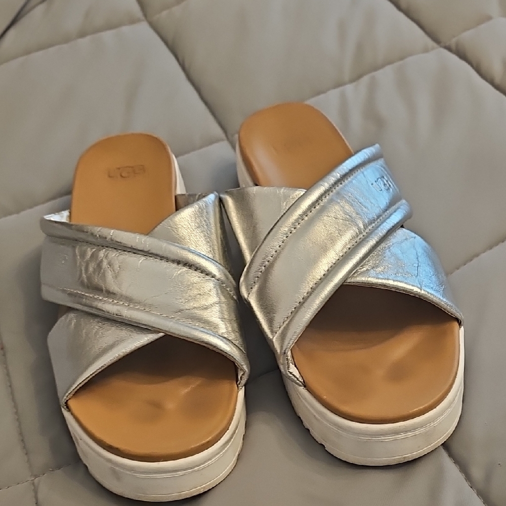 UGG Silver and Tan Slide Sandals